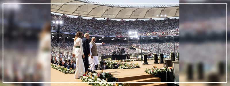 PM Modi, Melania and Donald Trump on stage at Motera stadium for the “Namaste Trump” event.